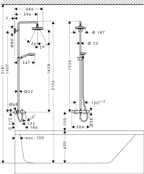 Душевая система Hansgrohe Croma Select S 180 2jet 27351400 Душевая система Hansgrohe Croma Select S 180 2jet 27351400