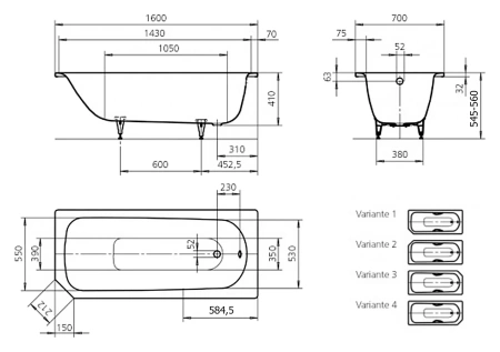  Стальная ванна Kaldewei Saniform 362-1 V1 (160x70) 192100010001