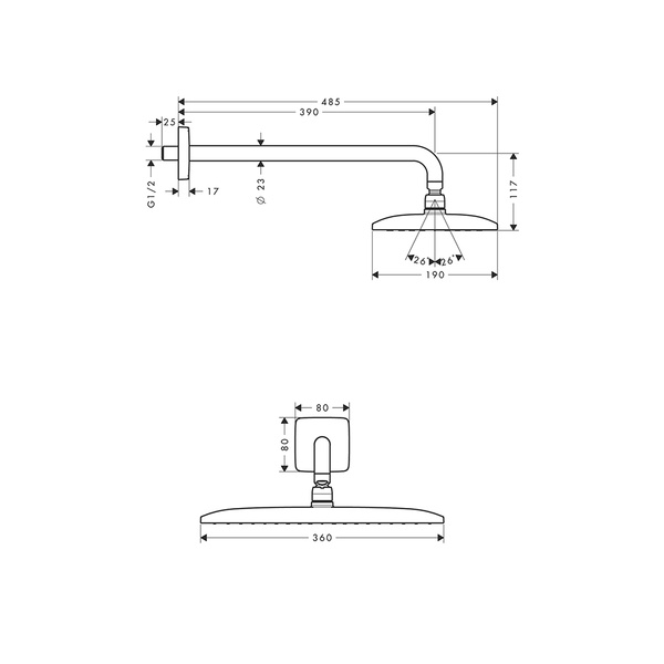 Верхний душ с кронштейном Hansgrohe Raindanc E 360 1jet EcoSmart 26605000 хром