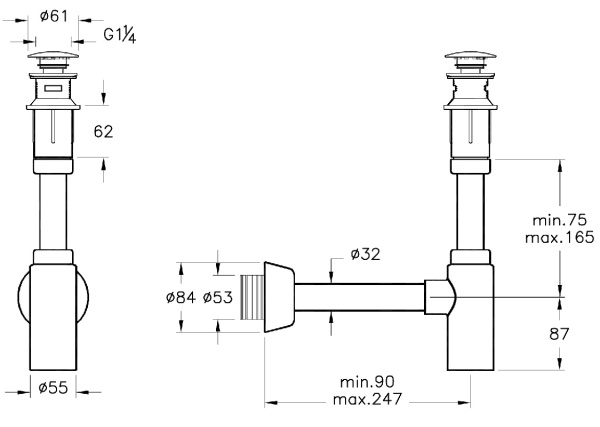 Набор донный клапан и сифон для раковины Vitra Syphon A45154, хром 