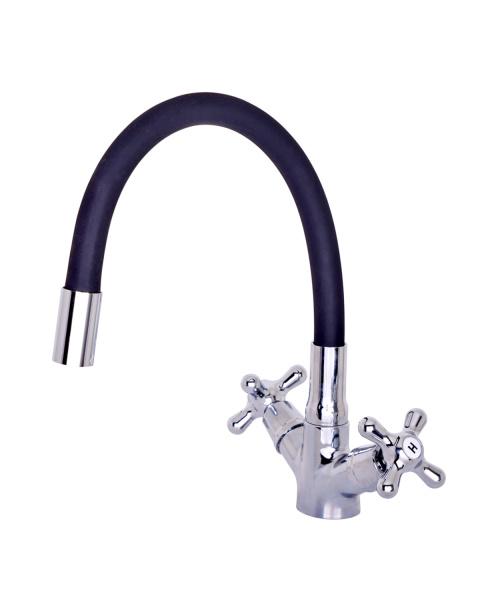 OneLife P03-007cr Смеситель для кухни двухвентильный полимерный с гибким изливом хром/черный