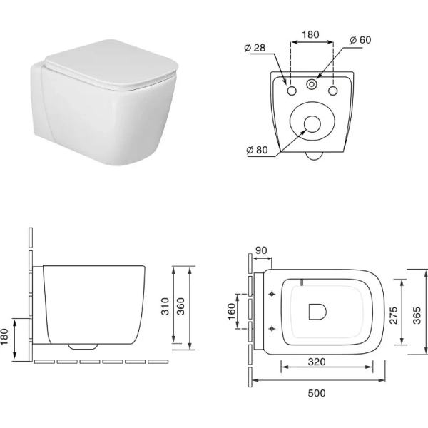 Подвесной унитаз безободковый смыв торнадо Oliveeka OL-G1, с сиденьем микролифт
