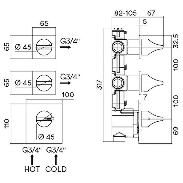 Смеситель для душа с термостатом на 2 потребителя Bossini Apice Z035203.030 хром