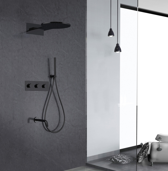 Душевой комплект ABBER Wasser Kreis AF8150B скрытого монтажа с изливом, термостат, черная матовая