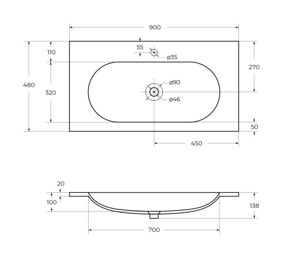 Раковина из искусственного камня (90х48) CEZARES CZR-900/480-LV-MR-ECO-F