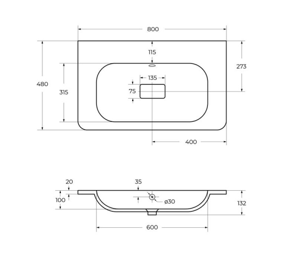 Раковина из искусственного камня (80х48) CEZARES CZR-800/480-LV-MR-NV-W0