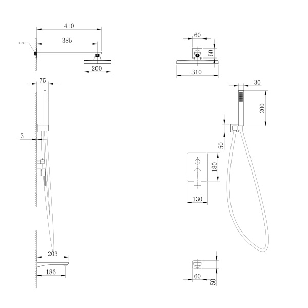 Душевой комплект ABBER Weiss Insel AF8017FW скрытого монтажа с изливом, белый матовый