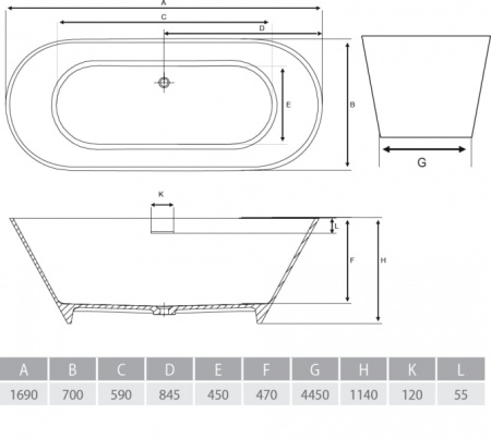 Ванна из литого мрамора ALPEN Bergamo 170 в комплекте с сифоном BER-170M