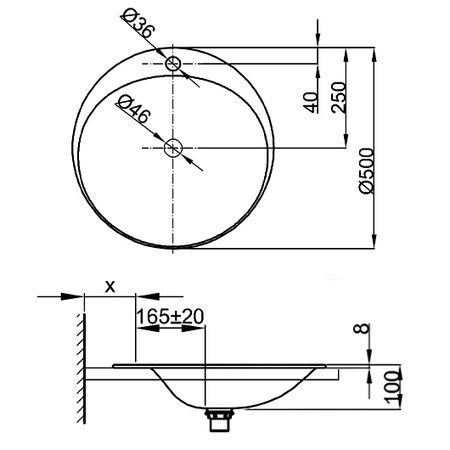 Раковина встраиваемая снизу (50х50) Bette Lux Oval Couture A220-000 HLW1