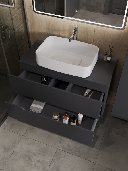 Тумба с раковиной подвесная 100 см, Orange Line Li-100TugMDF+B07-600W графит/белый