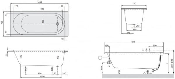 Ванна квариловая 170x75 Villeroy & Boch O.novo UBA170CAS2V-01 Ванна квариловая 170x75 Villeroy & Boch O.novo UBA170CAS2V-01