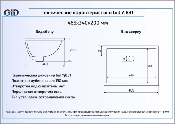 Раковина встраиваемая снизу (46х33) Gid YJ831 Раковина встраиваемая снизу (46х33) Gid YJ831
