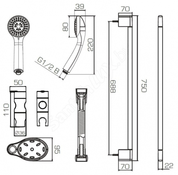 Душевой комплект Bravat Eco штанга, шланг, лейка 3 режима, мыльница (D152CP-1A-RUS)