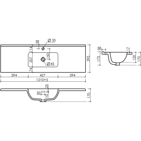 Раковина встраиваемая сверху (121х39,5) Ceramica Nova Compact CN7028