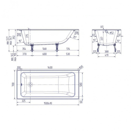 Ванна чугунная (150х70) Delice Parallel DLR220503RB-AS с отверстиями под ручки