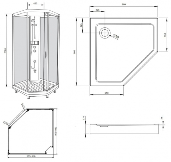 Душевая кабина BRAVAT Waterfall с задними стенками и смесителем (BC090.6100A)