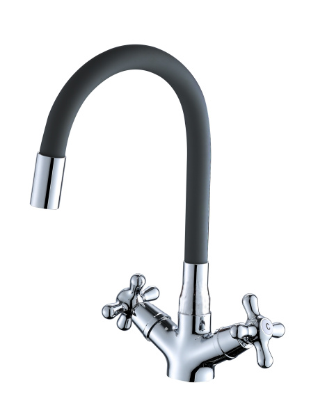 OneLife P03-007cr Смеситель для кухни двухвентильный полимерный с гибким изливом хром/черный