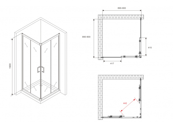 Душевой уголок (90х90) ABBER Schwarzer Diamant AG020905 хром