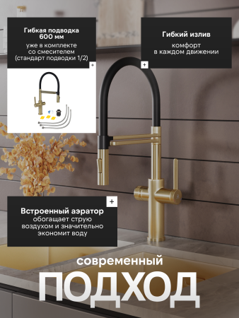 Смеситель для кухни однорычажный с каналом для питьевой воды и гибким изливом Agger Elegant A3252599 золото матовое