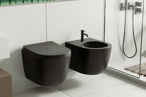 Комплект ABBER унитаз AC1100MB черный матовый с инсталляцией AC0105 и кнопкой AC0121MB, биде AC1150MB с инсталляцией AC0101P