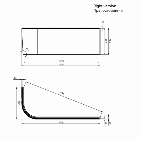 Панель фронтальная 170 см Am.Pm X-Joy W94A-170R70W-P правая