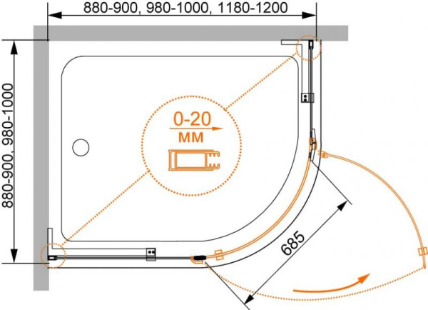 Душевое ограждение Cezares BERGAMO-RH-1-120/90-C-Cr-L(-R)