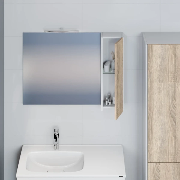 Зеркальный шкаф Санта Меркурий 700460 90x65 см R, со светильником, белый матовый/дуб янтарный