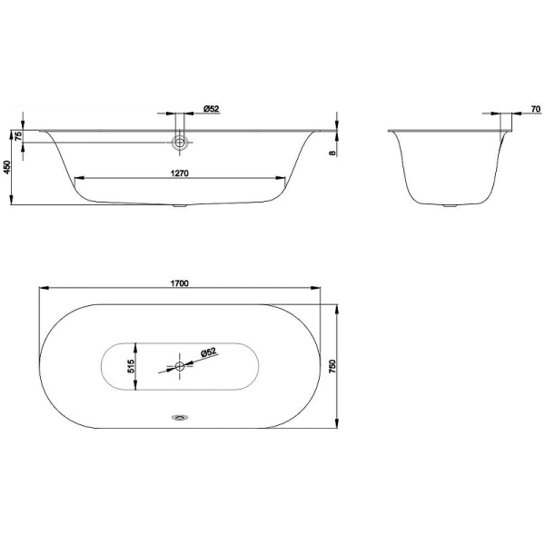 Стальная ванна (170х75) Bette LUX OVAL 3465-000 PLUS с шумоизоляцией и антигрязевым покрытием