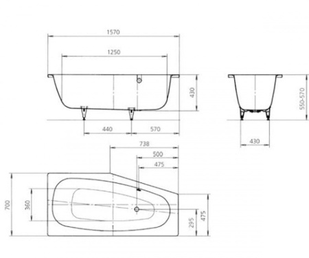 Стальная ванна (157х70) Kaldewei Mini 836 Standard L 225200010001