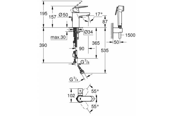 Смеситель для раковины Grohe Eurosmart Cosmopolitan с душевым набором 23433 000 (23433000) хром