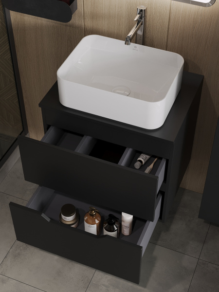 Тумба с раковиной подвесная 60 см, Orange Line Li-60TubMDF+B02-460W черный/белый