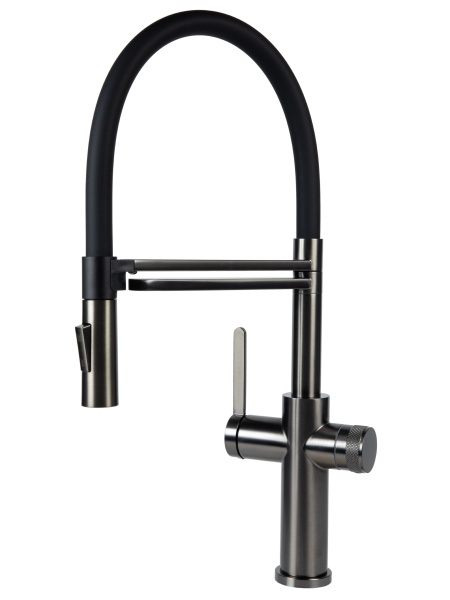 Смеситель для кухни однорычажный с каналом для питьевой воды и гибким изливом Agger Elegant A3252555 оружейная сталь матовая