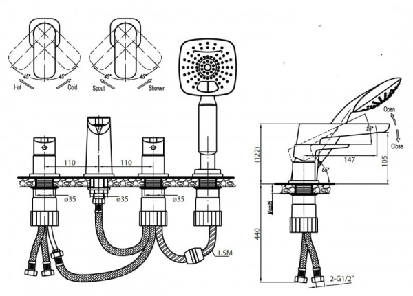 Смеситель для ванны с душем Cezares Grace GRACE-C-BVD-01