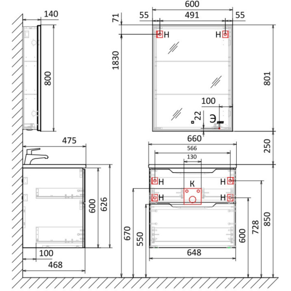 Зеркальный шкаф Jorno Slide Sli.03.60/W