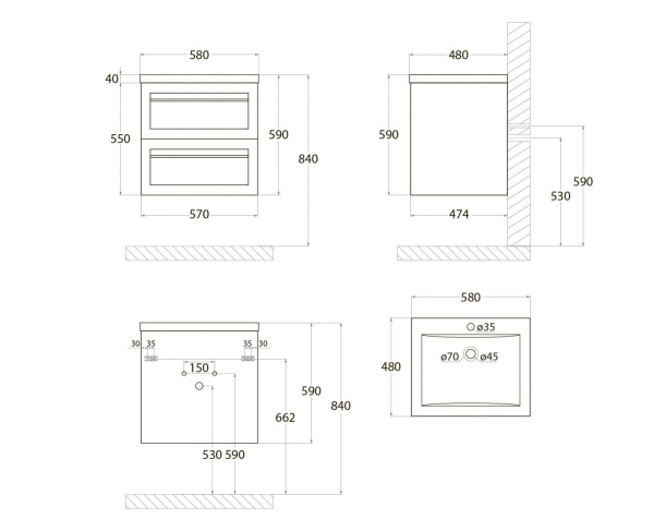 База под раковину напольная Art&max AM-Platino-580-2C-SO-GCM Светло-Серый