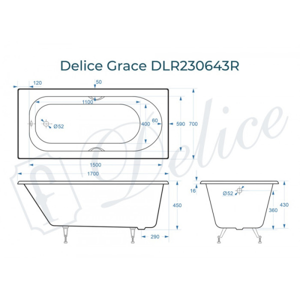 Ванна чугунная (170х70) Delice Grace DLR230643R с отверстиями под ручки Ванна чугунная (170х70) Delice Grace DLR230643R с отверстиями под ручки