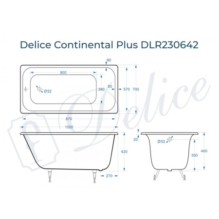 Ванна чугунная (100х70) Delice Continental PLUS DLR230642 без ножек и антискользящего покрытия