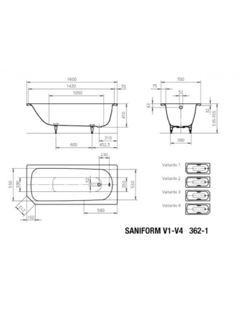 Ванна стальная KALDEWEI SANIFORM V1-V4 362-1 (160х70) 192200010001