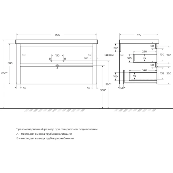 Тумба под раковину Cezares RELAX-1000-2C-SO-BORO-P золотой матовый