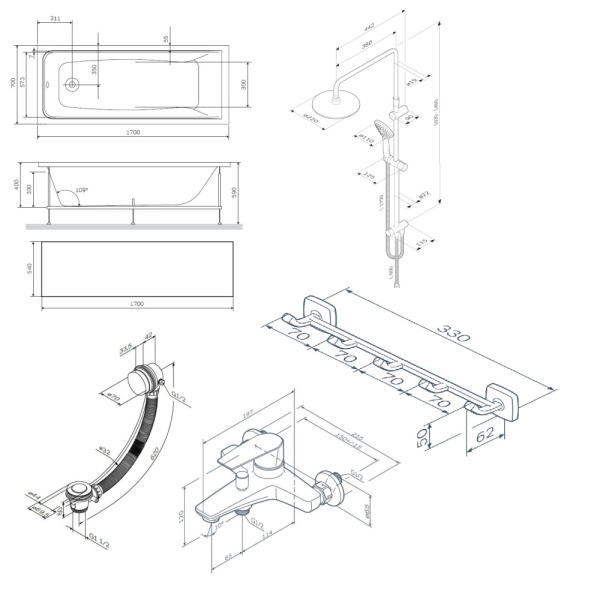 Комплект ванны 150х70 с душевой системой и аксессуарами AM.PM Gem WK90GI