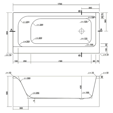 Ванна акриловая прямоугольная Cersanit SMART 170x80 правая 63351