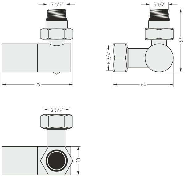 Вентиль Сунержа 3D правый цилиндр (G 1/2" НР х G 3/4" НГ) 9011-1403-1234 графит 