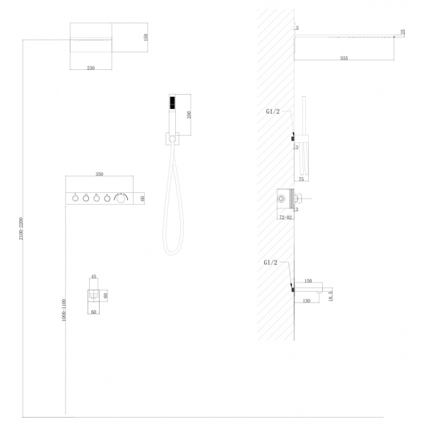 Душевой комплект ABBER Rund AF8753NG скрытого монтажа с изливом, термостат, никель