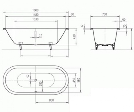 Стальная ванна (160х70) Kaldewei Classic Duo Oval 291300010001