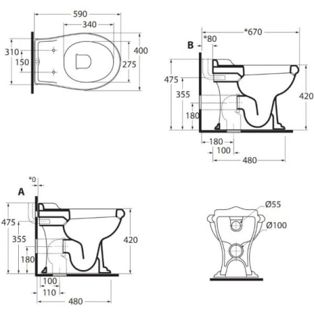 Унитаз Приставной Azzurra Jubilaeum JUVCTP000000BI/(JUB110/P bi) без сиденья