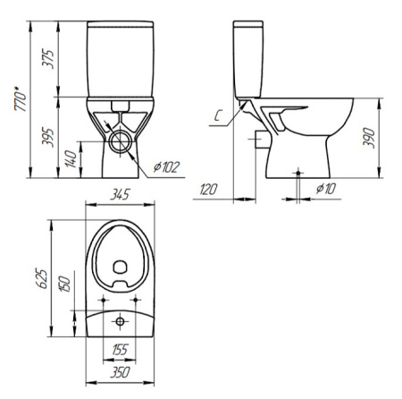 Унитаз напольный безободковый Cersanit PARVA Clean On 011 3/6 DPL EO S-KO-PA011-3/6-COn-DL-w