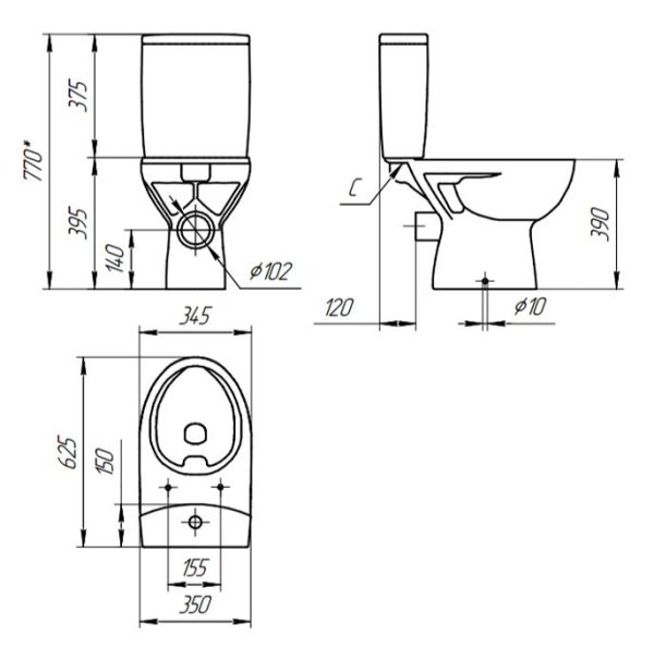 Унитаз напольный безободковый Cersanit PARVA Clean On 011 3/6 DPL EO S-KO-PA011-3/6-COn-DL-w