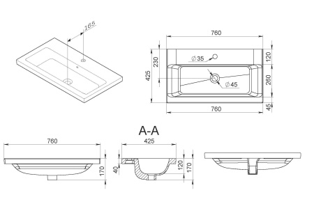 Раковина встраиваемая сверху (76х42,5) Am.Pm Gem M90WCC0752WG
