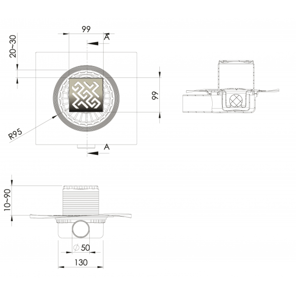 Душевой трап (10х10) Berges Wasserhaus Zentrum Antik 090364 матовый хром