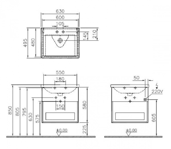 Шкаф под раковину, 60 см, золотистая вишня, 2 ящика, с подсветкой Vitra Infinit Central 58978